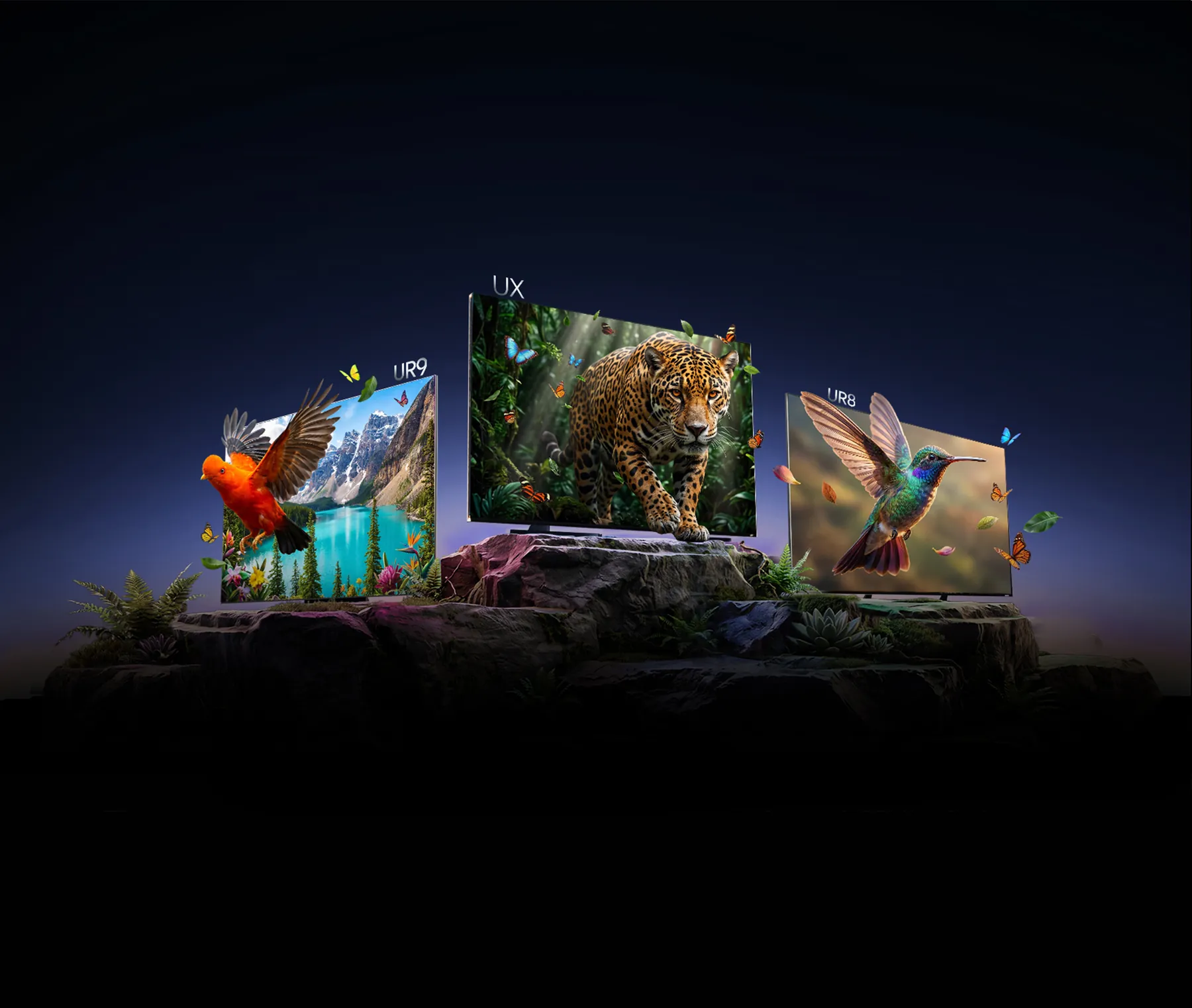 Televisores Hisense RGB MiniLED UR9, UX y UR8 con imágenes de naturaleza